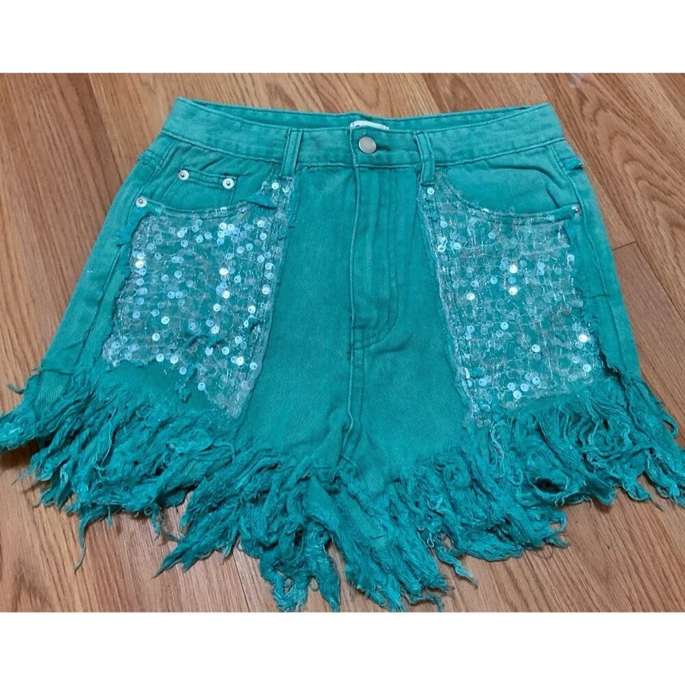Pol shorts POL Jean shorts green jeans sequins sequined shorts fringe shorts NEW